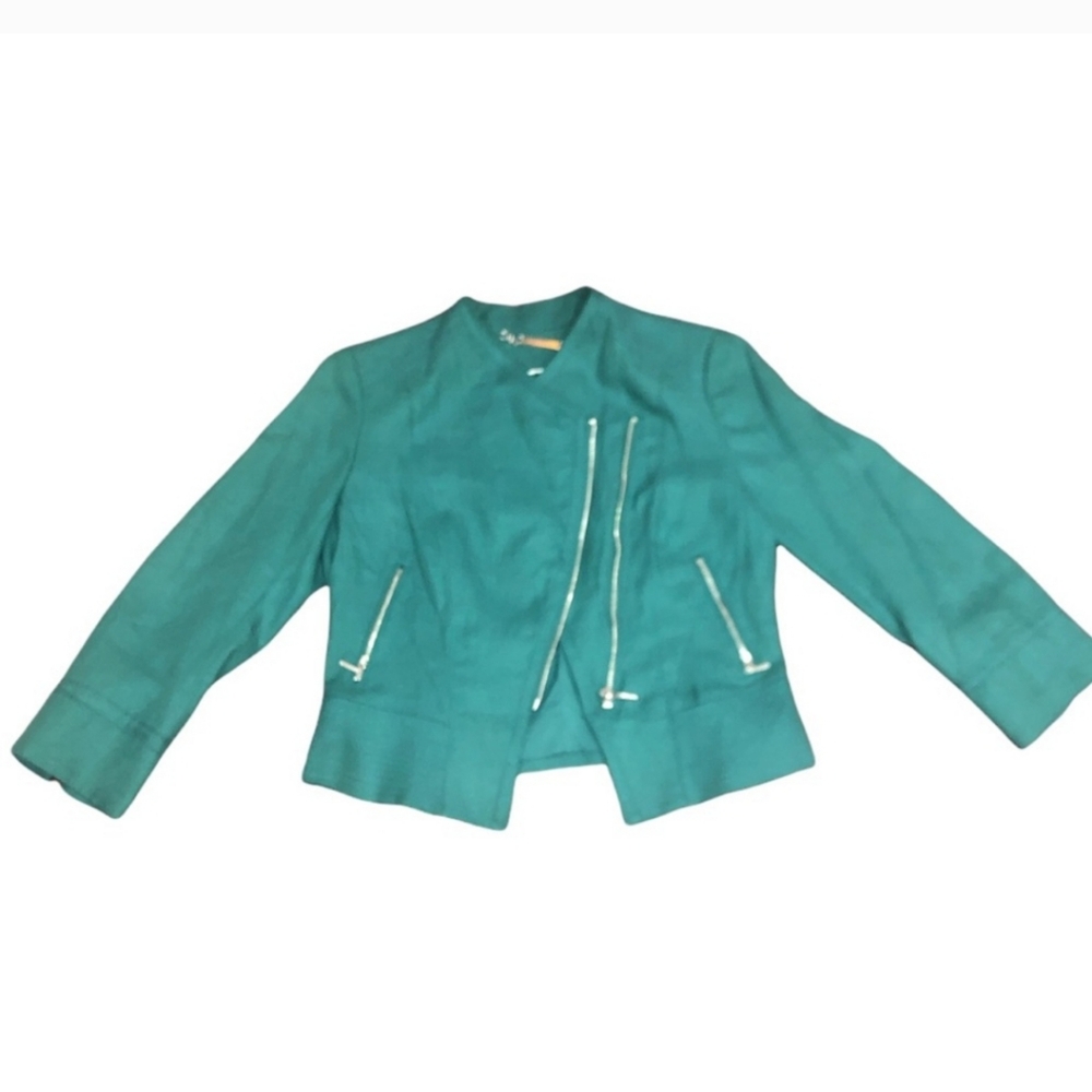 WHBM Jacket Womens Sz. 14 Green Linen Blend Cropped 3/4 Sleeve Moto